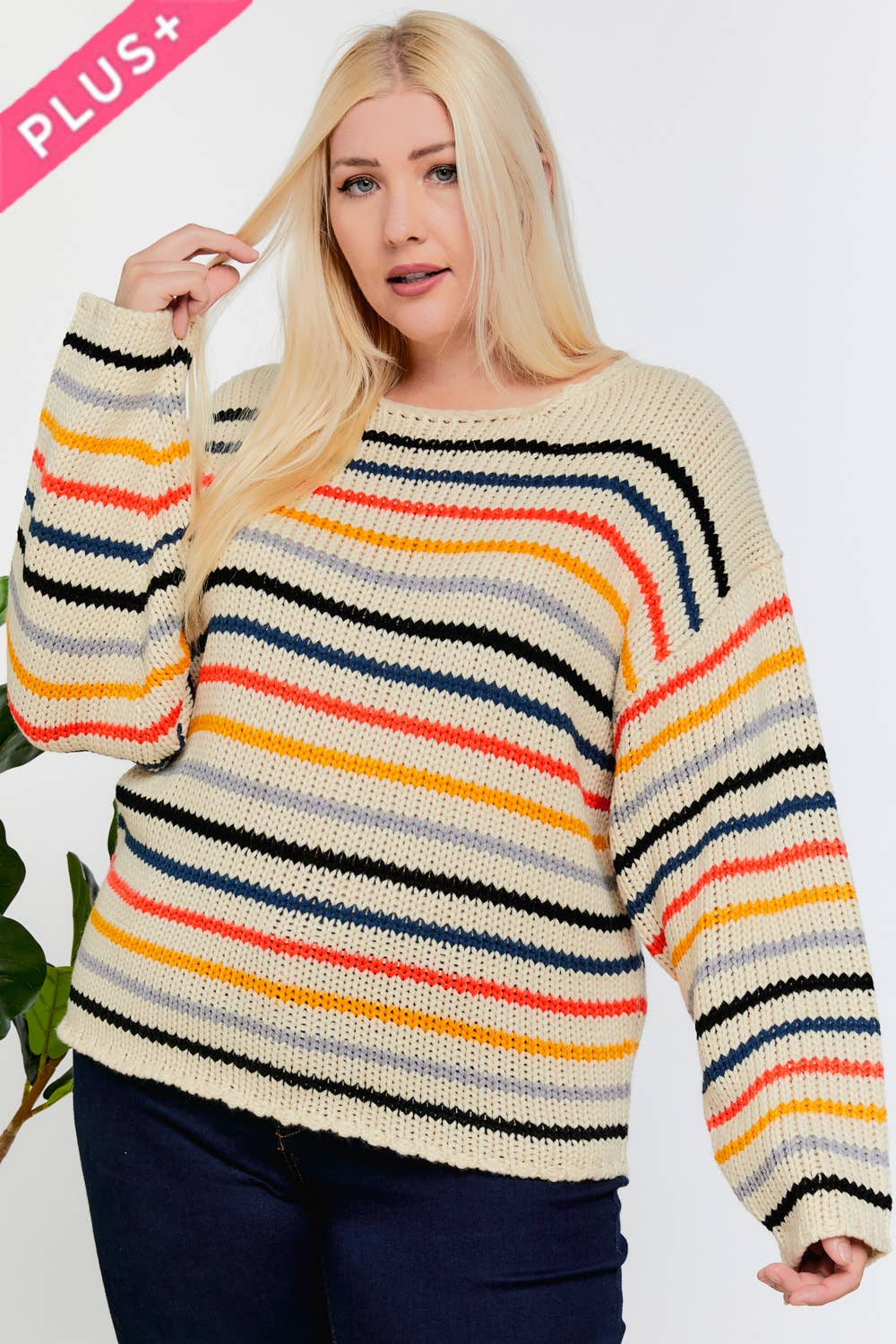 PLUS STRIPE ROUND NECK LONG SLEEVE KNIT SWEATER