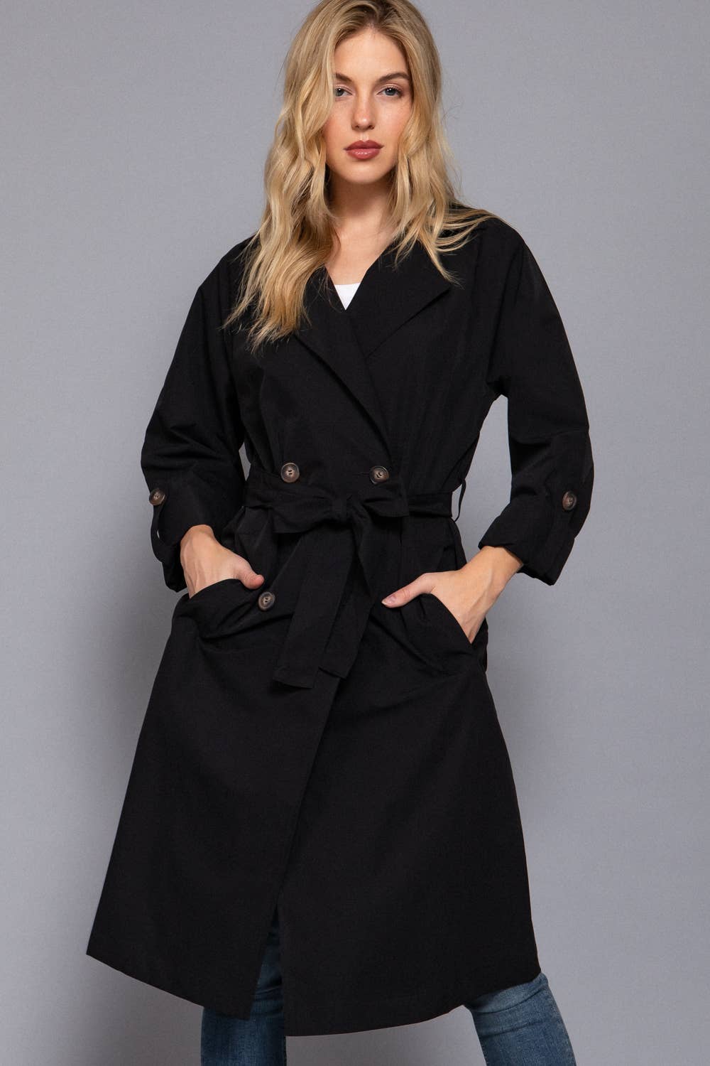 Long Sleeve V-Neck Lapel Collar Trench Coat with Belt