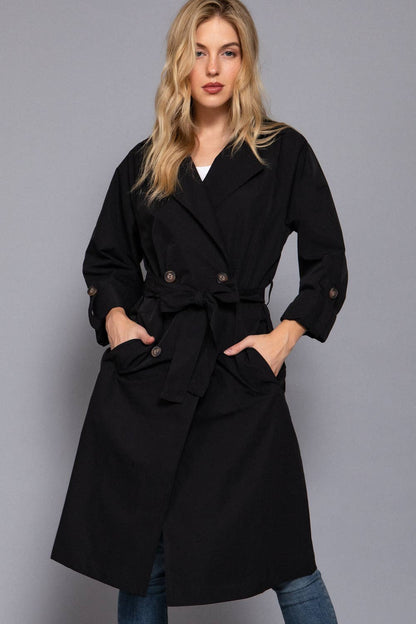 Long Sleeve V-Neck Lapel Collar Trench Coat with Belt