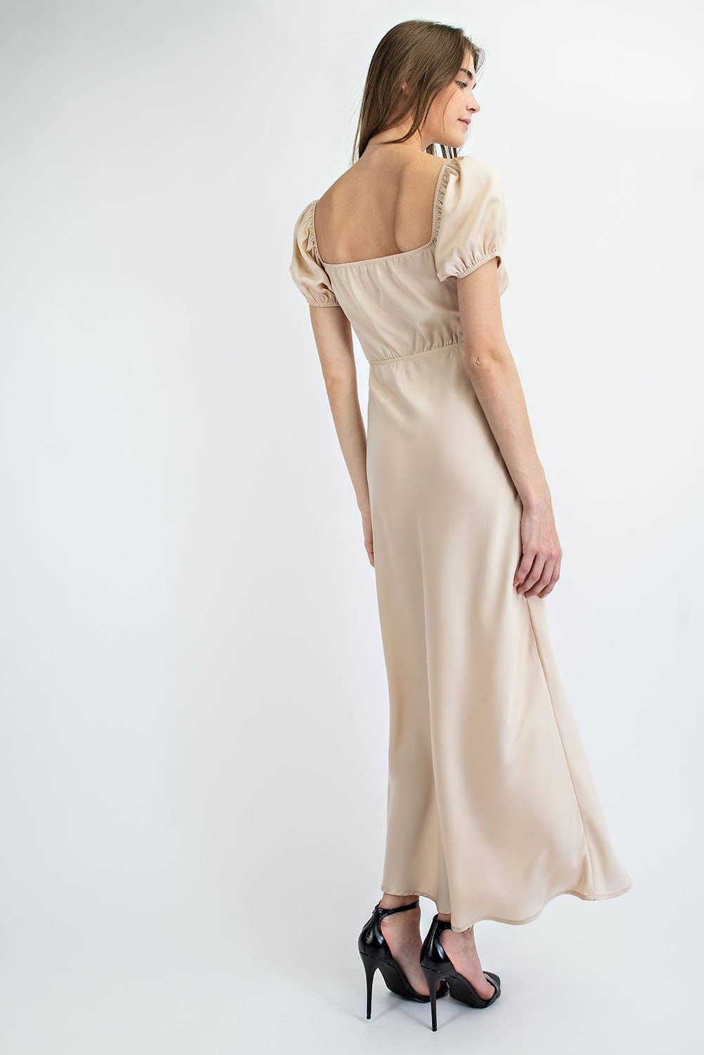 Bias Cut Long Satin Dress  Ruched Bodice Detail