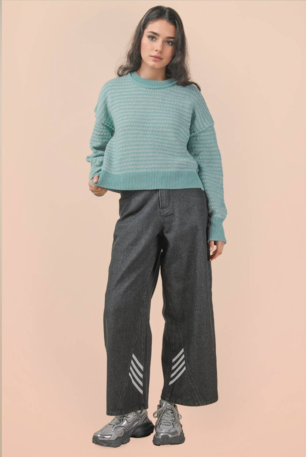 Two Tone Textured Knit Casual Sweater Top
