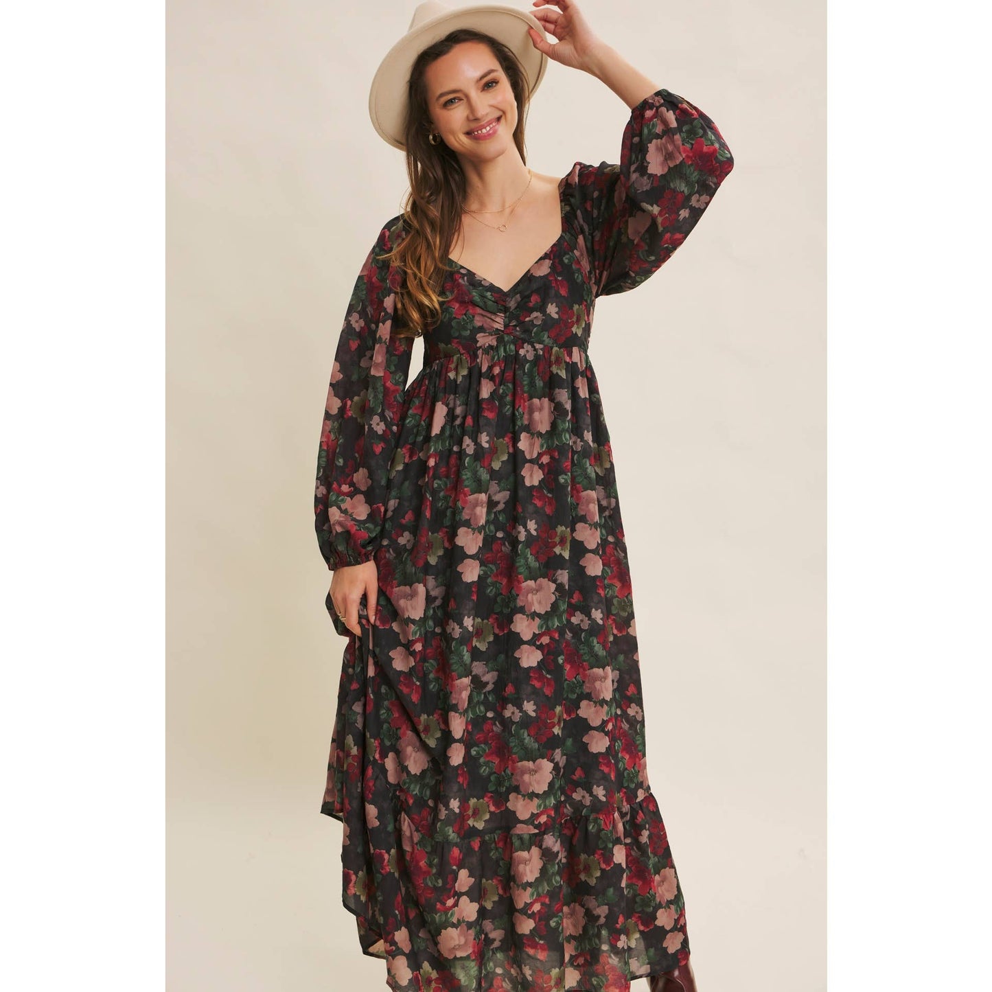 Love Letter To Autumn Floral Crinkled Maxi Smocked Dress