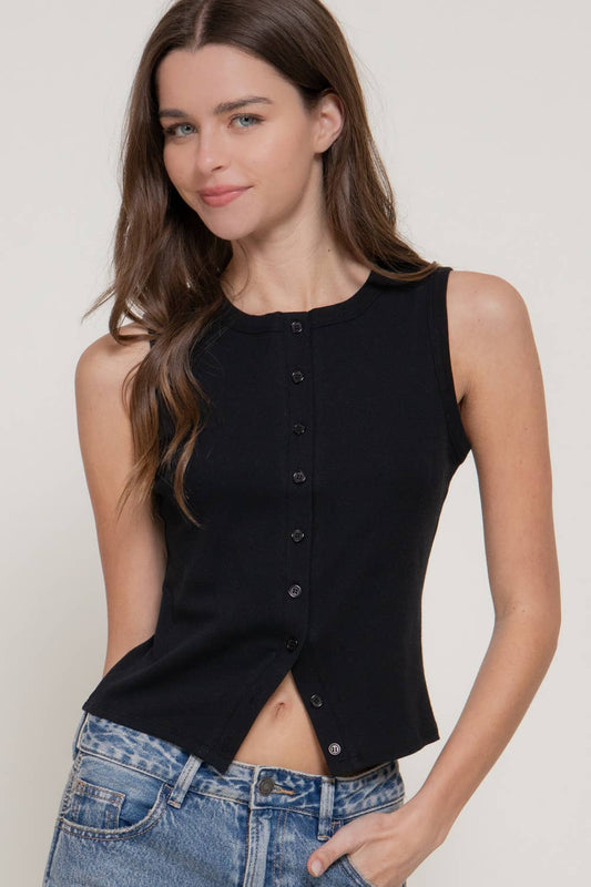 Sleeveless Crew Neck Button Down Rib Top