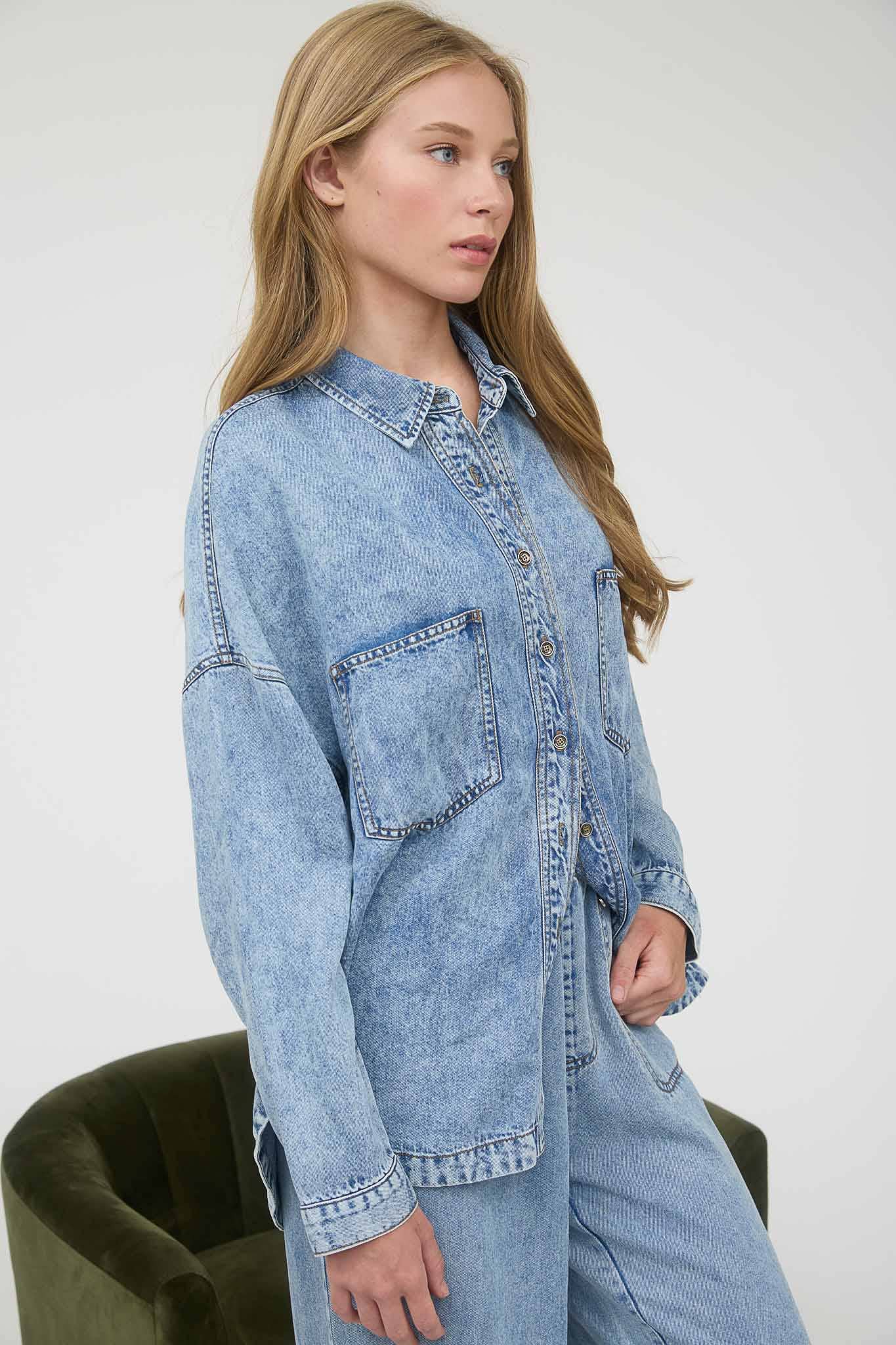 Washed Chambray Button Down Long Sleeve Shirt