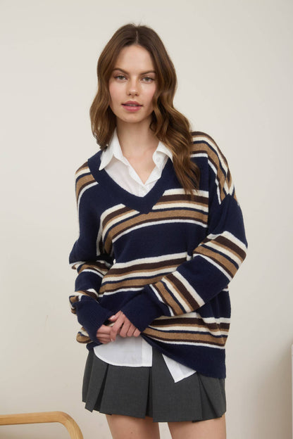 MULTICOLOR STRIPE V NECK LONG SLEEVE KNIT SWEATER