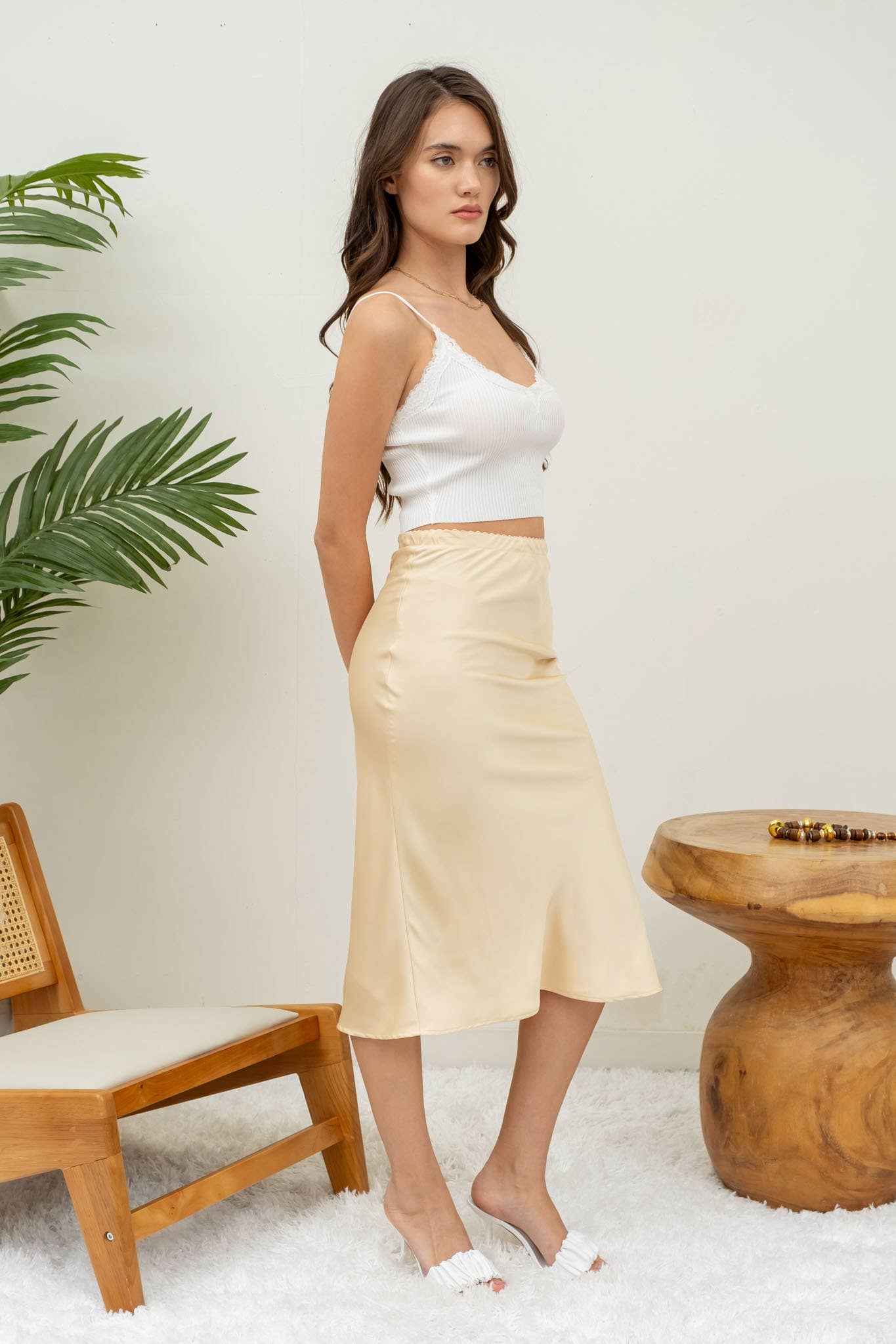 Satin Side Slit Midi Skirt