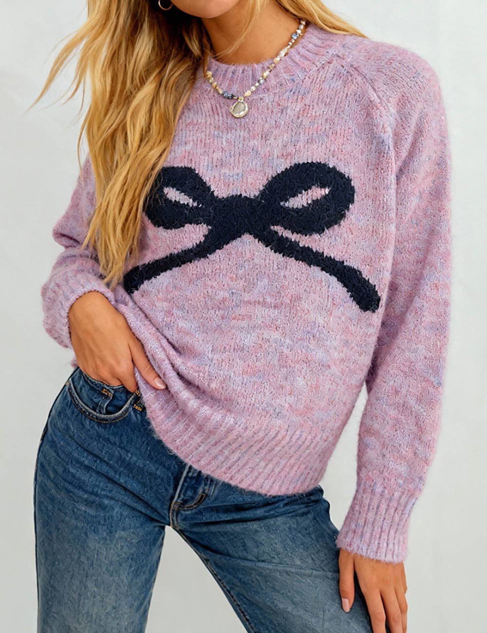 Ladies Ribbed Trim Knit Sweater